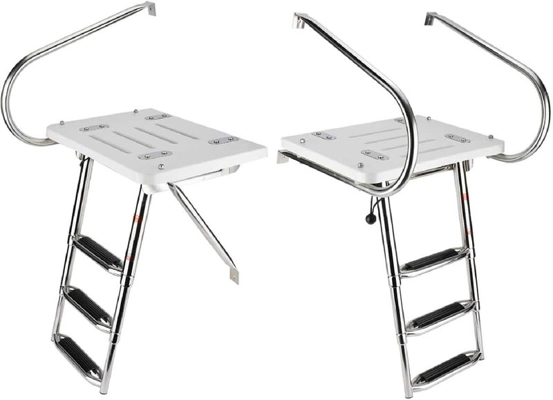 woobles 3 Step Universal Inboard Swim Fiberglass Platform Fold Down Ladder with Extra Wide Step and Two Handrails,Under Slide Mount Telescopic Boat Ladder with Mounting Hardware - Image 1