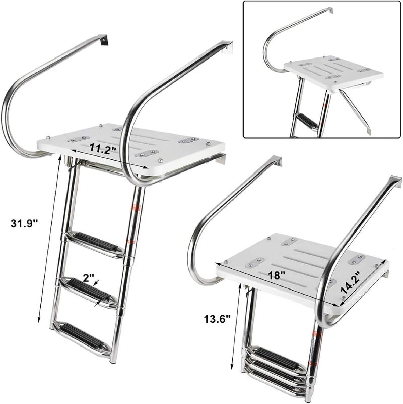 woobles 3 Step Universal Inboard Swim Fiberglass Platform Fold Down Ladder with Extra Wide Step and Two Handrails,Under Slide Mount Telescopic Boat Ladder with Mounting Hardware - Image 2