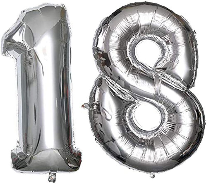 بارتي تايم وقت الحفلة 40 بوصة رقم 18 بالونات رقائق رقم عيد ميلاد بالون الهيليوم لزخرفة الذكرى السنوية لعيد ميلاد 18 فضي - Image 1