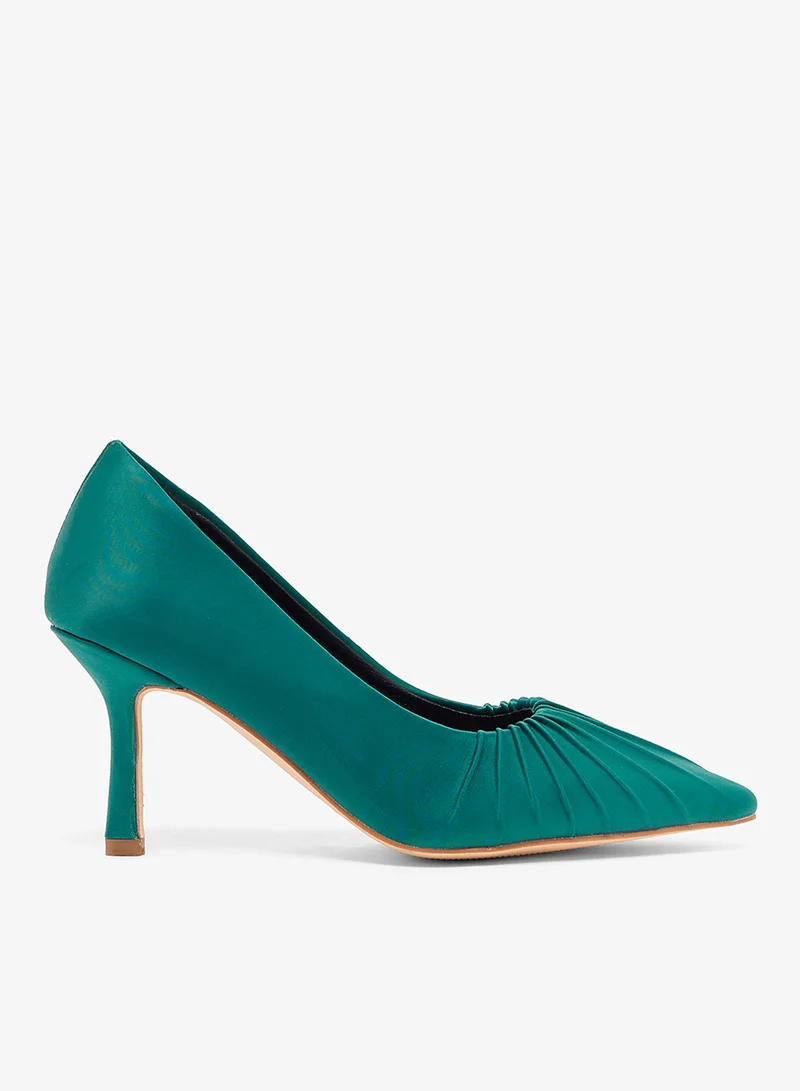 Teal satin pump with pleated detailing on toe, pointed toe, stiletto heel