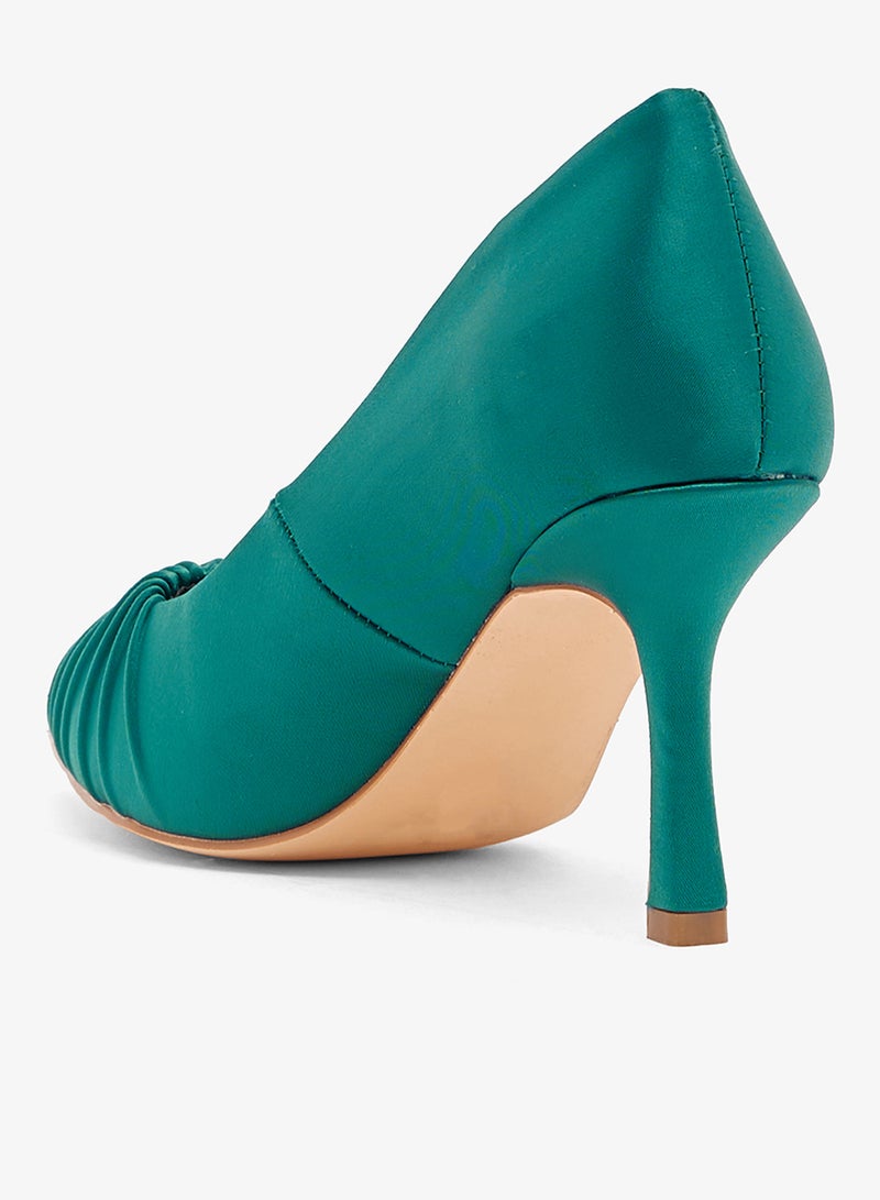 Ella Limited Edition Teal satin pump with pleated detailing on toe, pointed toe, stiletto heel - Image 3