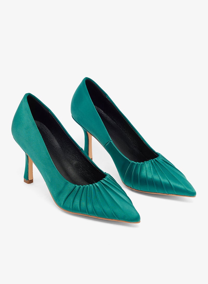 Ella Limited Edition Teal satin pump with pleated detailing on toe, pointed toe, stiletto heel - Image 4