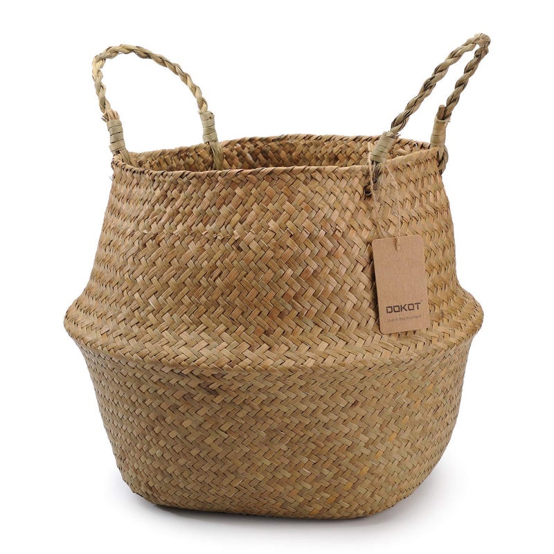 DOKOT Seagrass Plant Basket with Handles, Wicker Woven Storage Basket (8.3inch Diameter x 9inch Height), Natural - Image 1