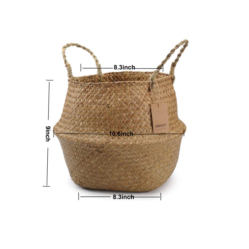 DOKOT Seagrass Plant Basket with Handles, Wicker Woven Storage Basket (8.3inch Diameter x 9inch Height), Natural - Image 3