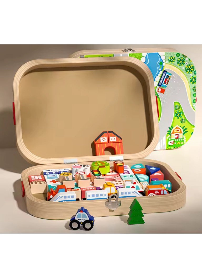 OLUDENIZ Wooden Urban Track Building Blocks Set – City Layout with Vehicles, Roads & Buildings | Foldable Storage Box | Educational Toy for Kids  - Image 1
