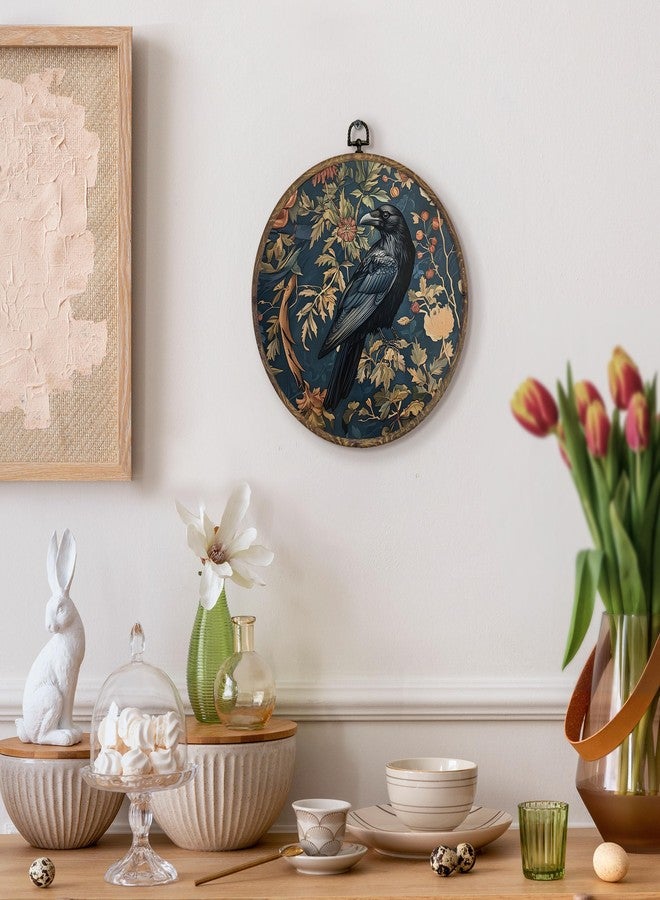 KFXHANGD Vintage Raven Crow Round Wall Art Framed, Raven Botanical Wall Art, Cottagecore Crow Canvas Wall Art Decor,Gothic Mid Century Dark Raven Hanging Wall Decor for Bathroom Living Room, 10x10In - Image 4