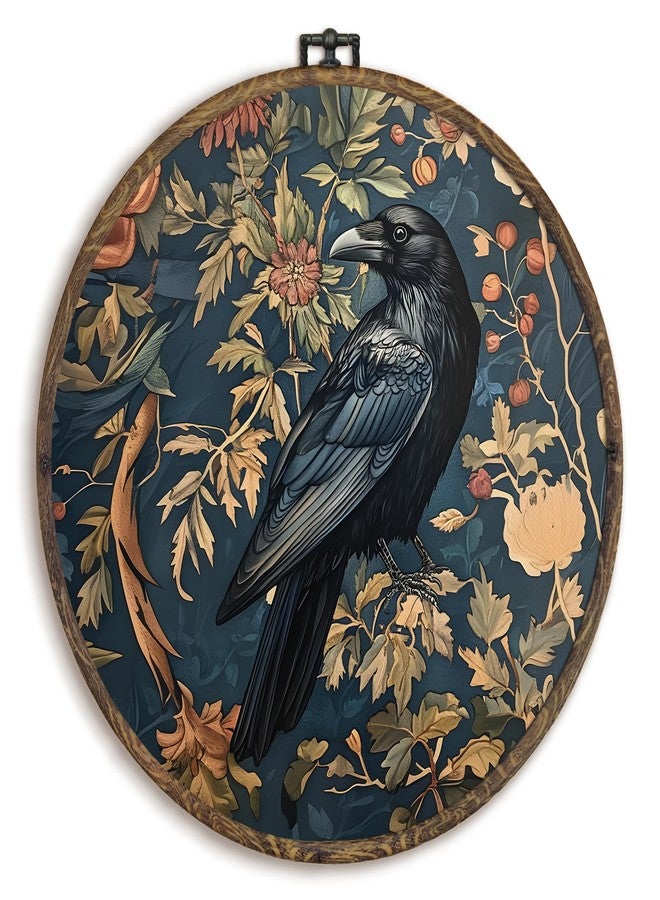 KFXHANGD Vintage Raven Crow Round Wall Art Framed, Raven Botanical Wall Art, Cottagecore Crow Canvas Wall Art Decor,Gothic Mid Century Dark Raven Hanging Wall Decor for Bathroom Living Room, 10x10In - Image 1
