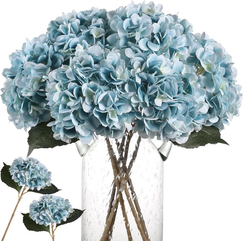 Kisflower كيسفلور 6 قطع أزهار هدرانج حريرية اصطناعية باقة أزهار هدرانج واقعية لحفلات الزفاف والمكاتب وديكور المنزل (أزرق) - Image 1