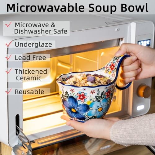 ALMA 18oz Microwavable Soup Bowl with Loop Handle, Handpainted Decorative Mug Big Handle, Ceramic Soup bowl for Mother, Cereal Bowl Great for Fruits, Chili, Stew, Ice cream - Image 3