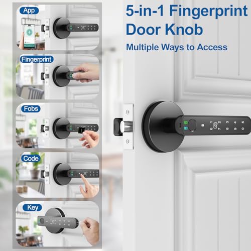 Foxgard Smart Fingerprint Door Lock:Fingerprint Door Knob-Biometric 5-in-1 Finger Print Door Lock-Smart Door Knob for Bedroom-APP Control-Easy Installation–Round Black–1 Pack - Image 2