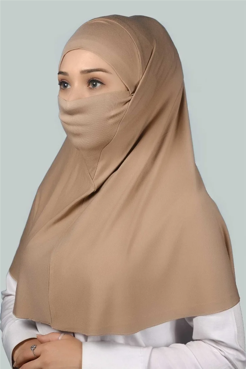 التوبة Ready-made Turban Practical Scarf with Veil Hijab with Nikap - Prayer Cover Soufflé (Xl) - Dark Beige
