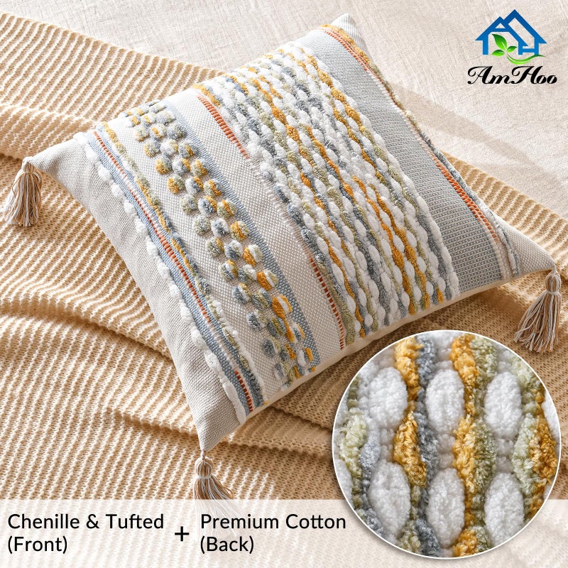 AmHoo Set of 2 Chenille Striped Textured Boho Throw Pillow Covers Aesthetic with Tassels Woven Decorative Pillow Case for Couch Bed Sofa Bedroom Modern Funky 18 x 18-Inch Grey - Image 2