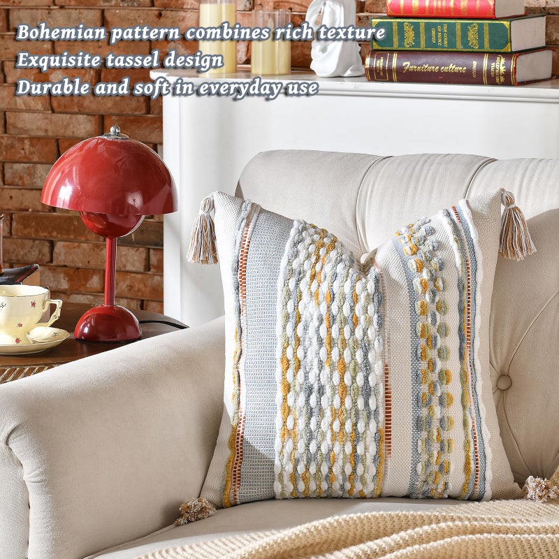 AmHoo Set of 2 Chenille Striped Textured Boho Throw Pillow Covers Aesthetic with Tassels Woven Decorative Pillow Case for Couch Bed Sofa Bedroom Modern Funky 18 x 18-Inch Grey - Image 4