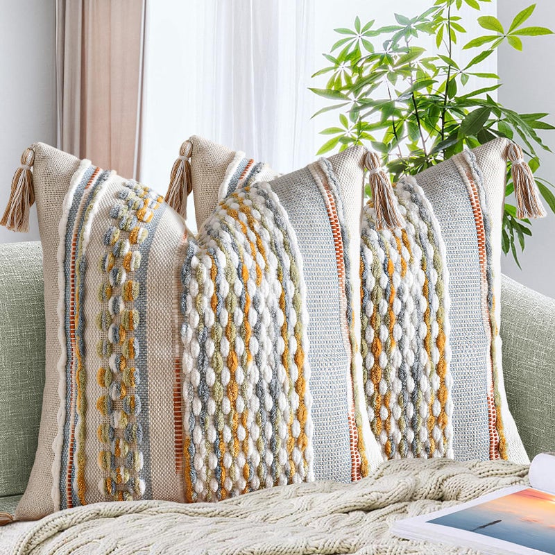 AmHoo Set of 2 Chenille Striped Textured Boho Throw Pillow Covers Aesthetic with Tassels Woven Decorative Pillow Case for Couch Bed Sofa Bedroom Modern Funky 18 x 18-Inch Grey - Image 1