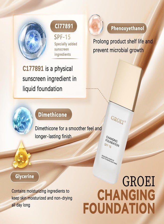 GROEI Color Changing Foundation Makeup SPF 15 | Self-Adjusting Color Changing Foundation & Color Corrector | Lightweight Buildable Coverage (30ml) - Image 2