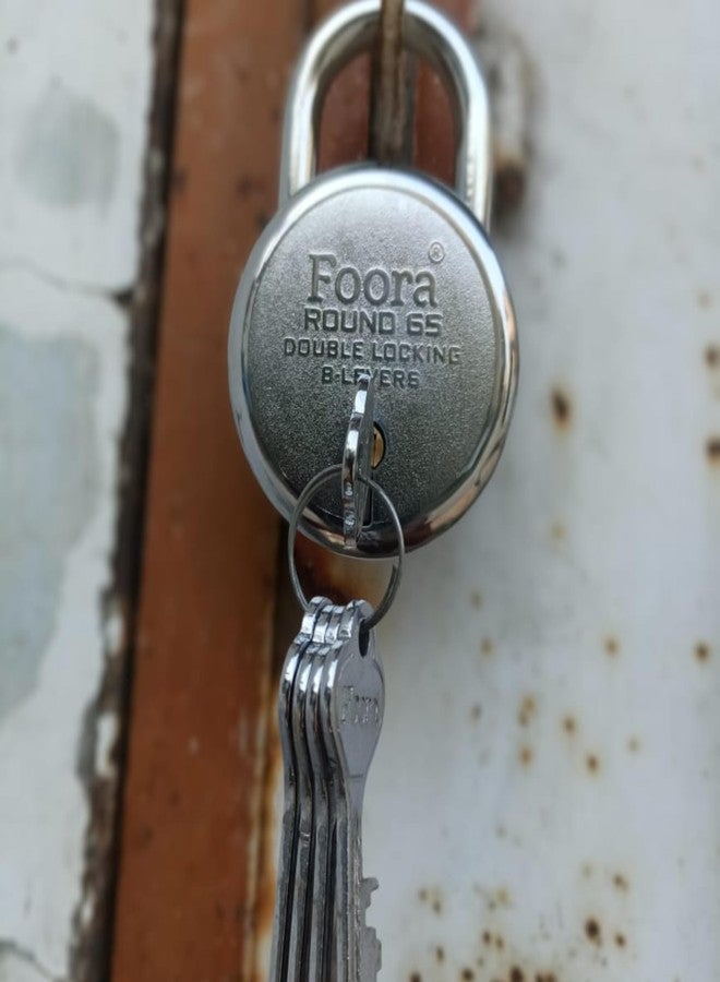 Foora 5 Keys Round Lock with Double Locking 8 Lever Security Aligarh Door Padlock Original Photo (Silver Finsih, Size 65 mm) (Medium Lock) - Image 1