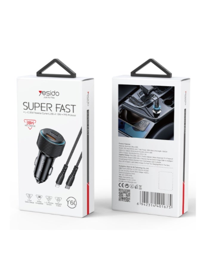 Yesido Y60 38W Innovative PD Reverse Charging Built-in TC And IP Cable Dual Port Fast Charging Car Charger Integrated Universal Solution | Model Y60 | By Yesido - Image 5