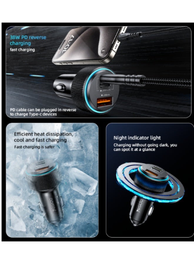Yesido Y60 38W Innovative PD Reverse Charging Built-in TC And IP Cable Dual Port Fast Charging Car Charger Integrated Universal Solution | Model Y60 | By Yesido - Image 4