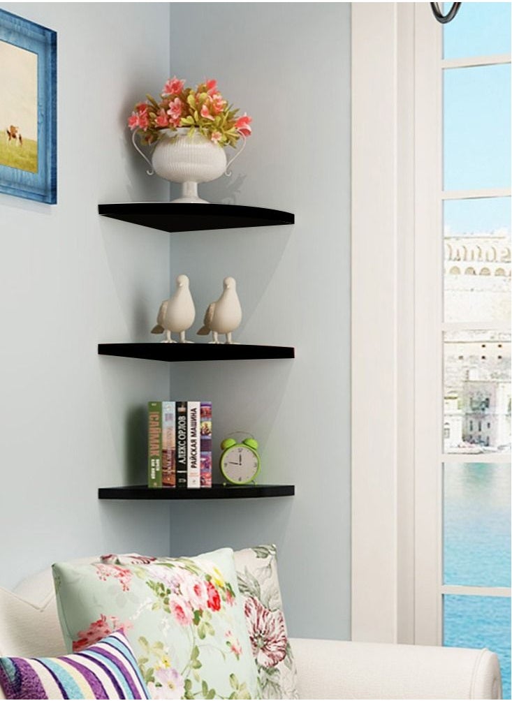 CATANES - Corner Wall Shelf Wall Mounted Floating Corner Shelf 3 Tiers Storage Decorative Shelf for Home Decor Living Room Bedroom Bathroom Kitchen Office Black - Image 1