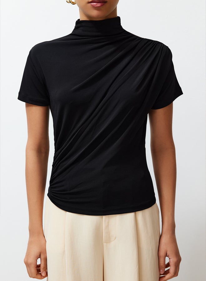 trendyol Black Shirring/Drape Detailed Fitted/Fitted Short Sleeve Stand Collar Stretch Knitted Blouse - Image 4