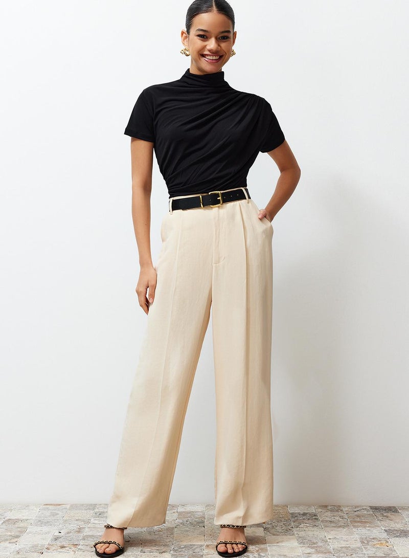 trendyol Black Shirring/Drape Detailed Fitted/Fitted Short Sleeve Stand Collar Stretch Knitted Blouse - Image 2