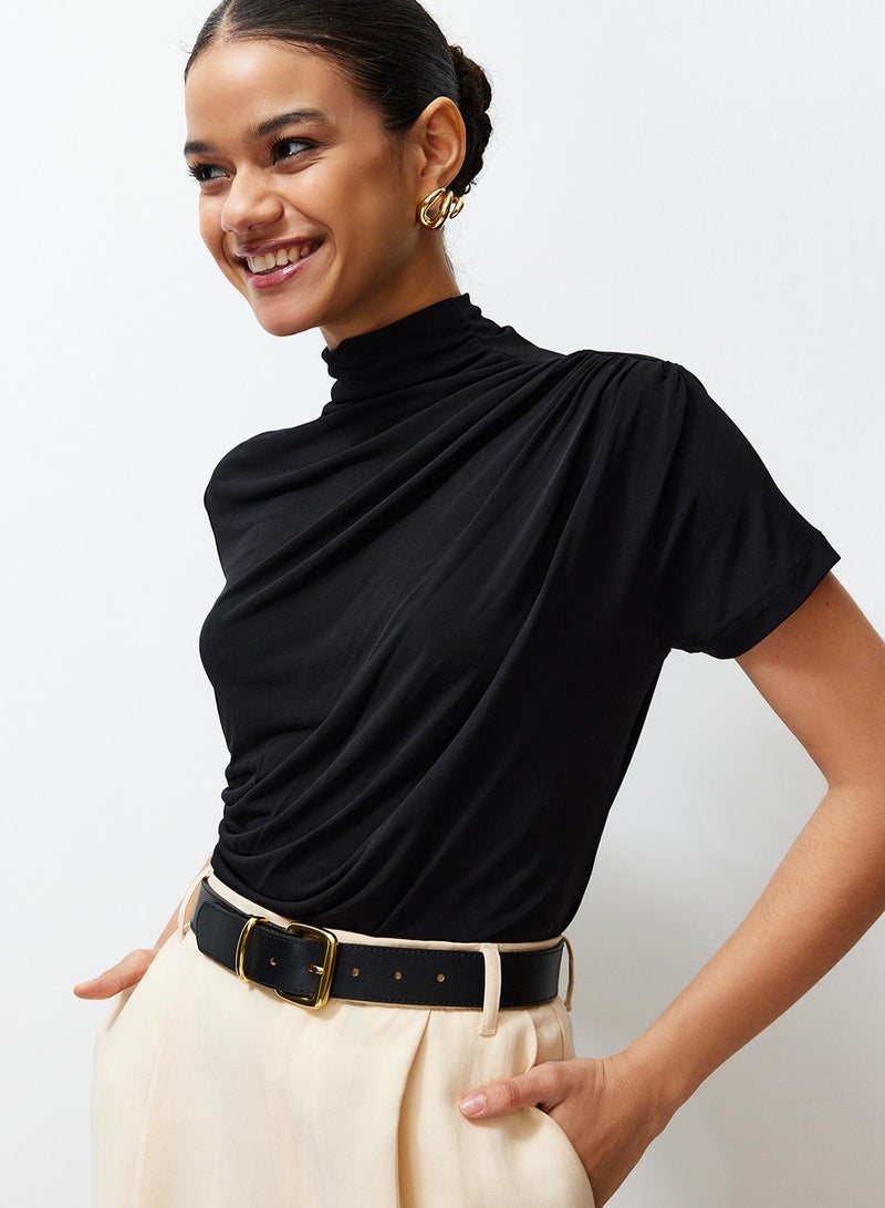 trendyol Black Shirring/Drape Detailed Fitted/Fitted Short Sleeve Stand Collar Stretch Knitted Blouse - Image 1