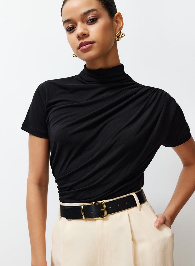 trendyol Black Shirring/Drape Detailed Fitted/Fitted Short Sleeve Stand Collar Stretch Knitted Blouse - Image 3