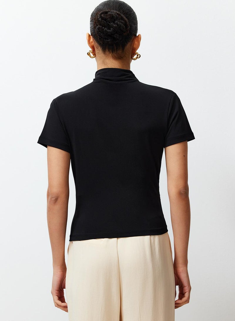 trendyol Black Shirring/Drape Detailed Fitted/Fitted Short Sleeve Stand Collar Stretch Knitted Blouse - Image 5