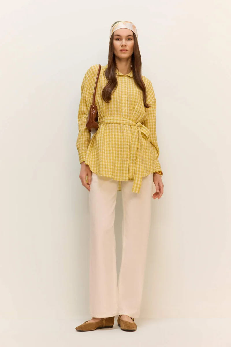 ديفاكتو Relax Fit Gingham Seersucker Textured Long Sleeve Tunic