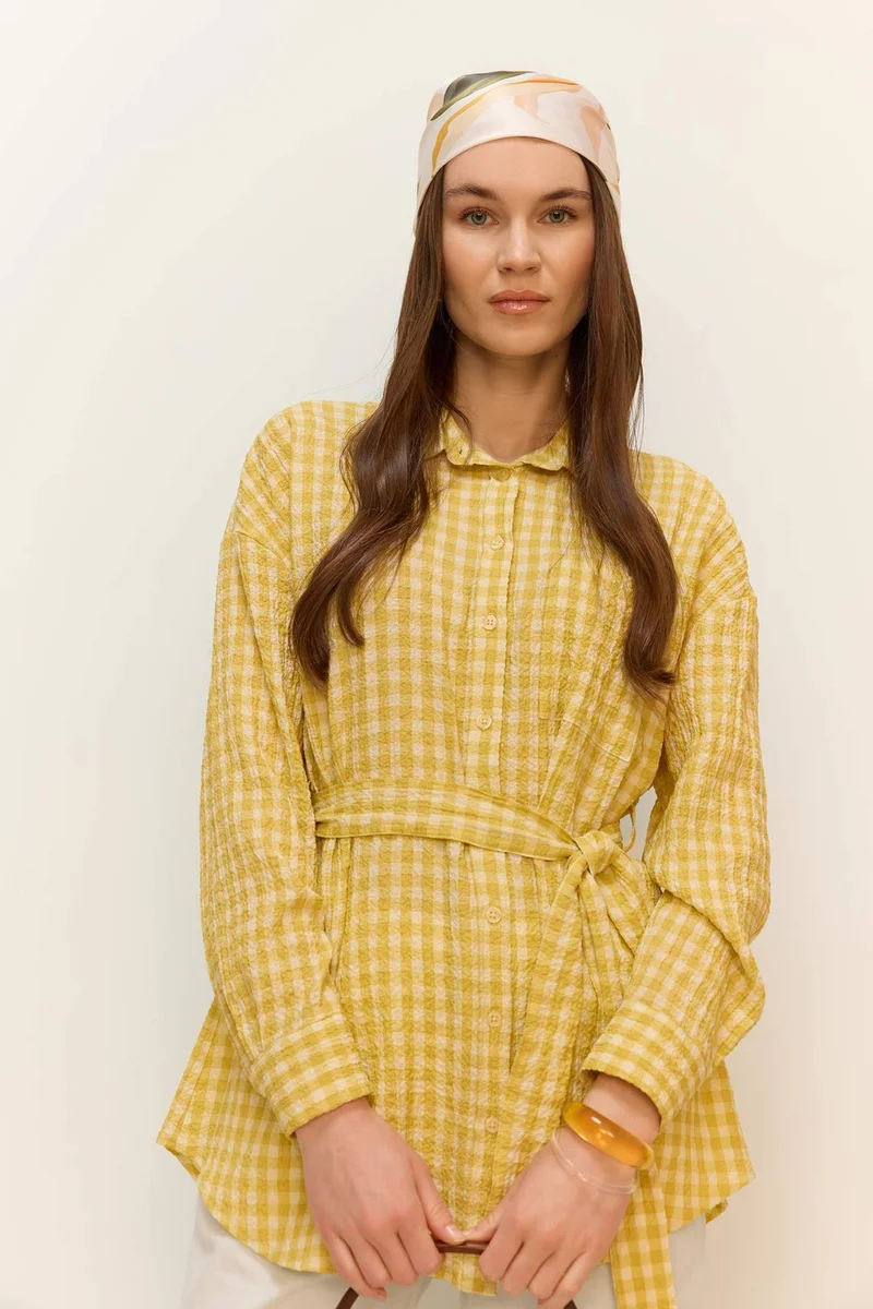 ديفاكتو Relax Fit Gingham Seersucker Textured Long Sleeve Tunic