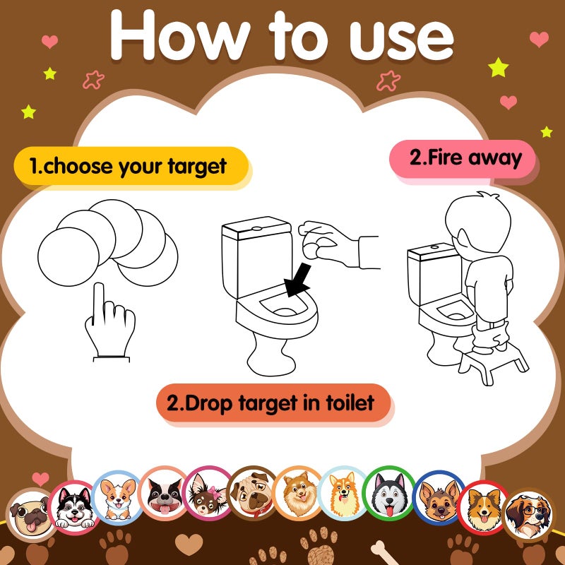 Chinco 120 Pcs Boys Potty Training Targets Boys Potty Targets Aids Flushable Pee Training Chart for Toddlers Use(Dog Style) - Image 3