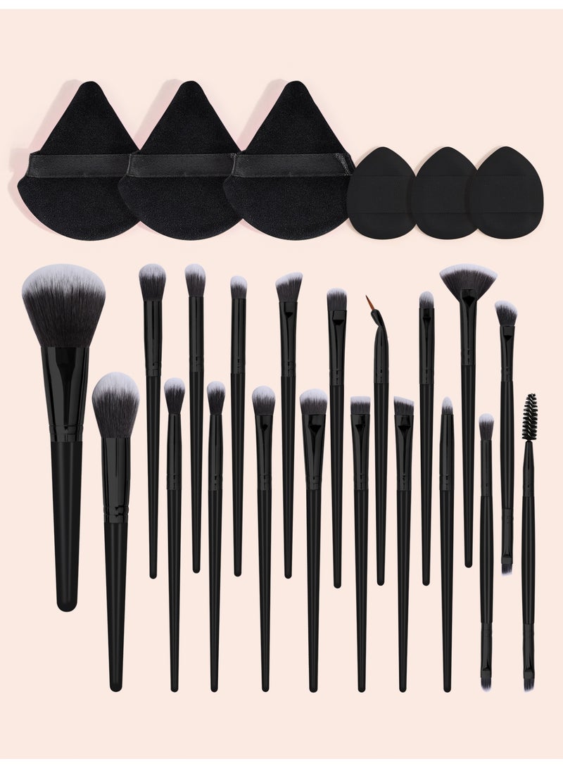 MAANGE Makeup Brushes Set, Professional 26 Pcs Makeup Kit, Include Powder Foundation Concealers Blush Eye shadows 20 Pcs Makeup Brushes and 3 Pcs Powder Puff, 3 Pcs Mini Finger Cushion Puff (Black) - Image 1