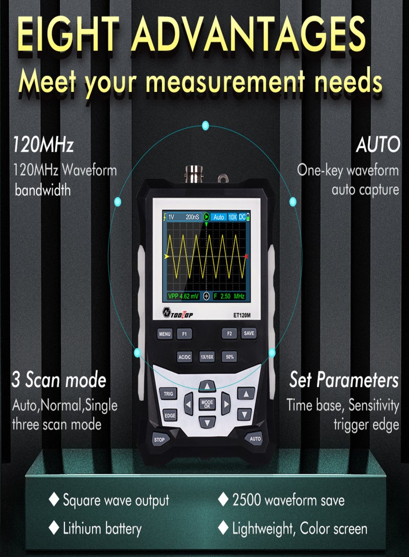 DS0120M 320x240 High Definition 2.4 Inch TFT Color Screen Digital Oscilloscope 120MHz Bandwidth 500MSa/s Sampling Rate Professional Tool with Backlight Waveform Storage - Image 3