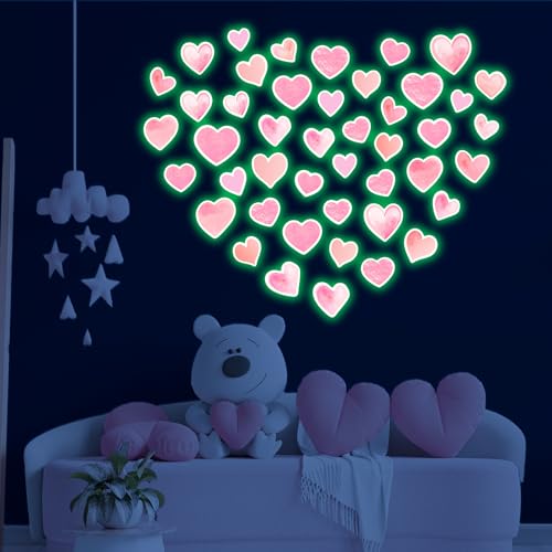 Robmoda 42 pcs Pink Heart Shape Wall Stickers for Girls BedroomGlow in The Dark Kids Room Decor Baby Nursery Ceiling Decals Wallpaper Vinyl Murals - Image 1