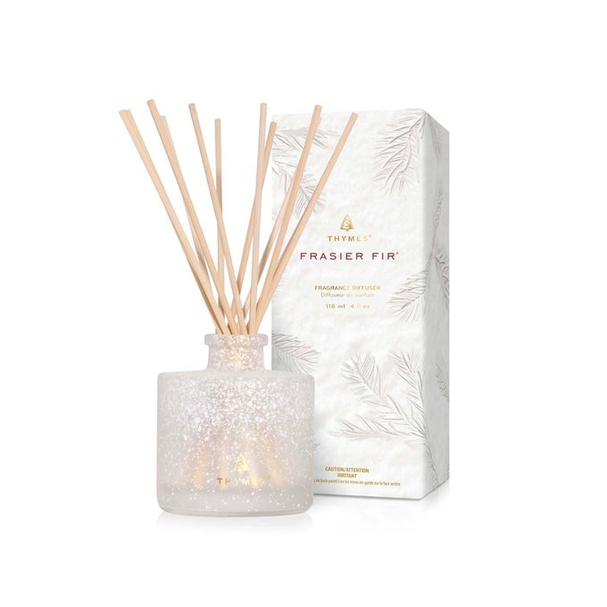 FRASIER FIR REED DIFFUSER SET INCLUDES REEDS FRAGRANCE OIL AND FROSTED GLASS BOTTLE FRAGRANCE OIL DIFFUSER ROOM FRESHENERS LUXURY HOME DECOR WHITE FLOCKED 4 FL OZ