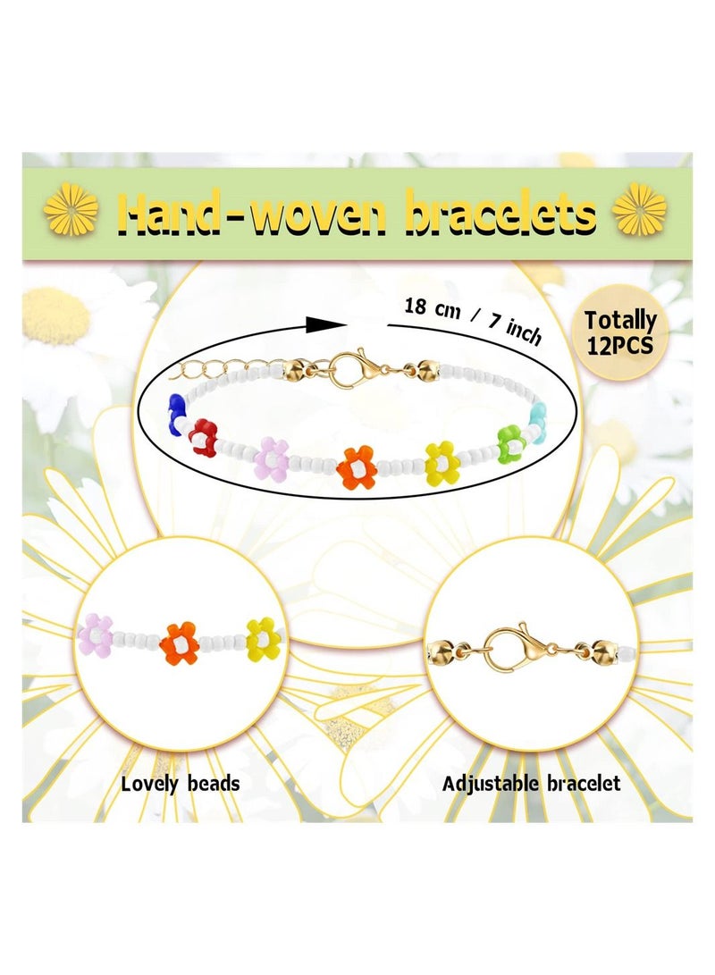 سيوسي مجموعة سوار مضفر يدويًا ، 12 قطعة من أساور زهرة الأقحوان الملونة ، وأساور الزهور المصنوعة يدويًا ، وخلخال سوار الصيف للفتيات على شكل زهرة قابل للتعديل للنساء والفتيات وإكسسوارات الصيف الجمالية - Image 4