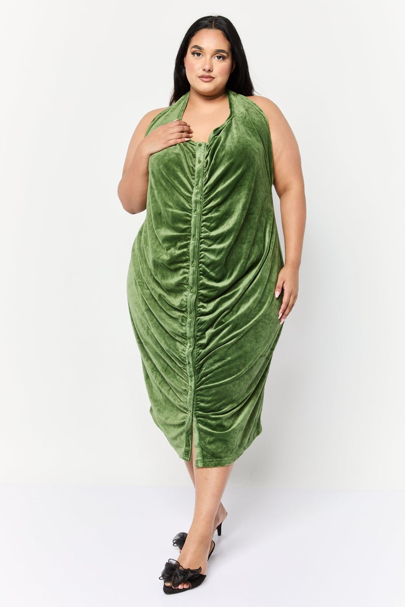Labelrail Perks Women Pleated Midi Dress, Olive - Image 1