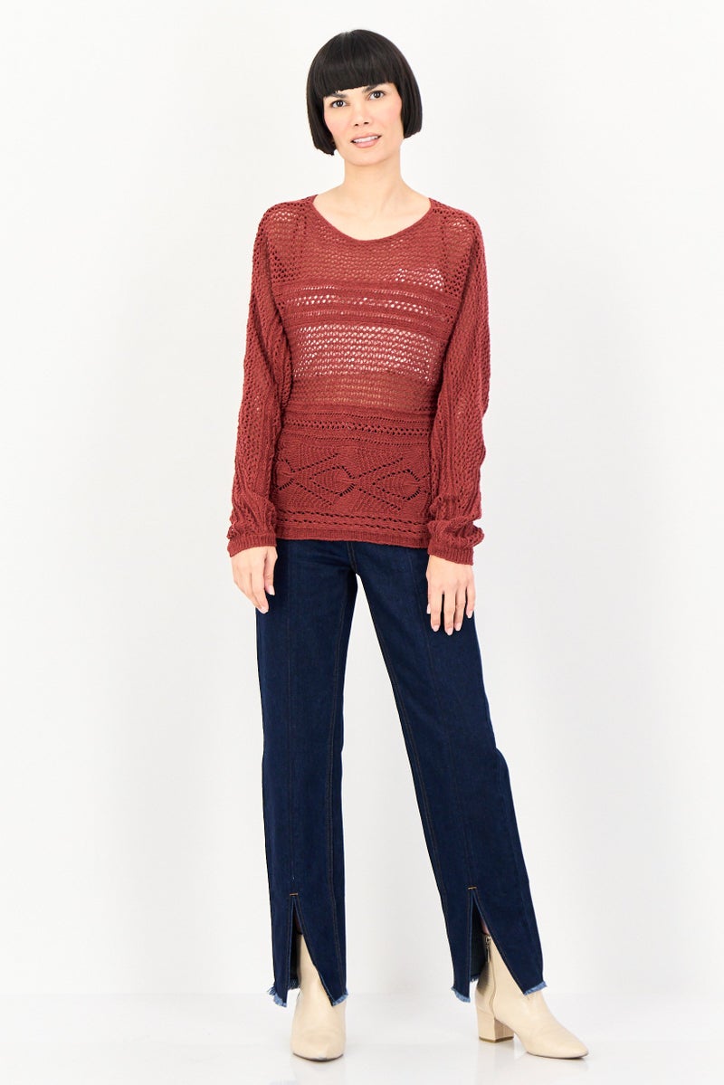 promod Women Boat Neck Eyelet Sweater, Maroon - Image 3