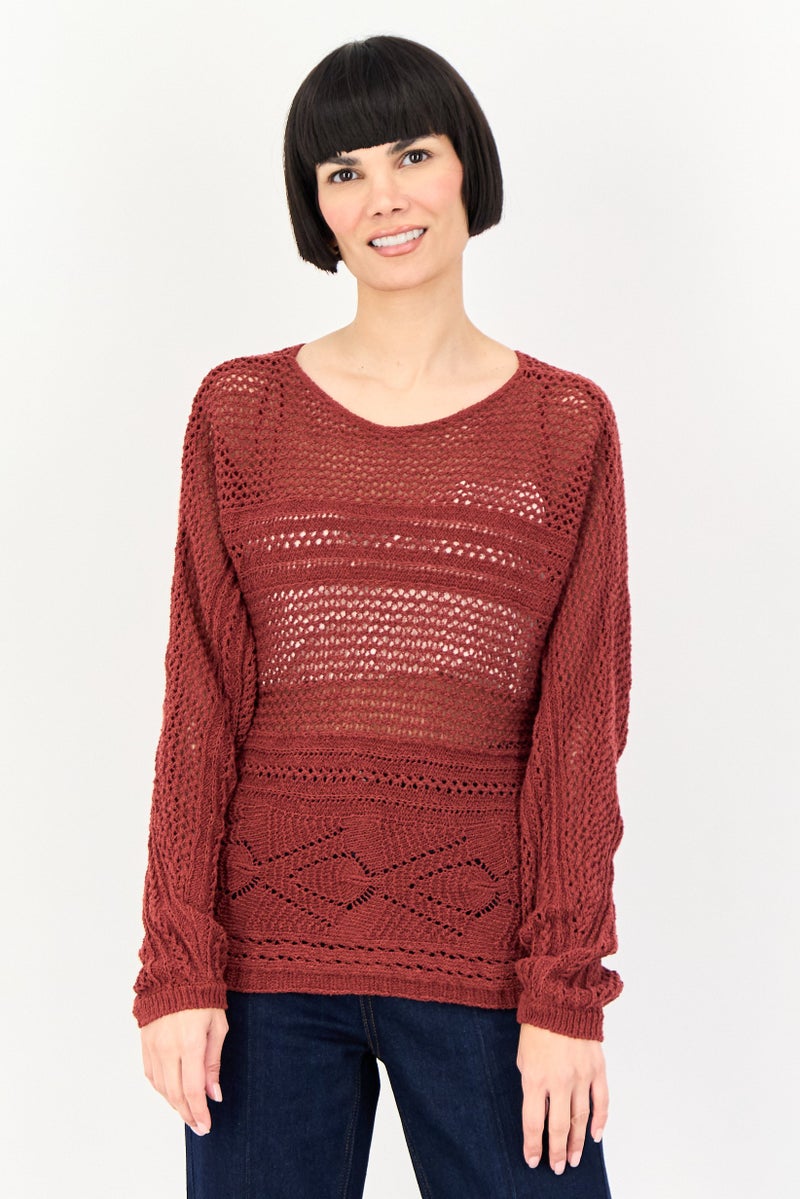 promod Women Boat Neck Eyelet Sweater, Maroon - Image 1