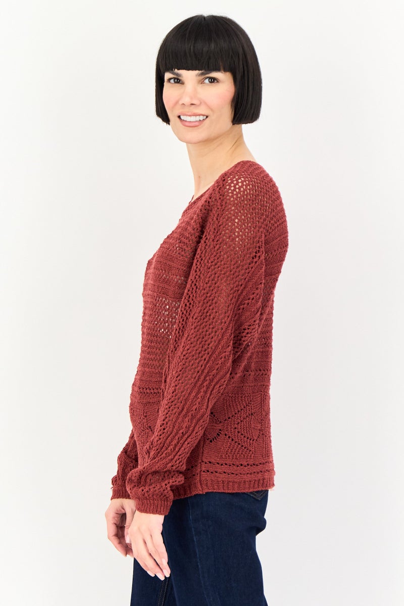promod Women Boat Neck Eyelet Sweater, Maroon - Image 2