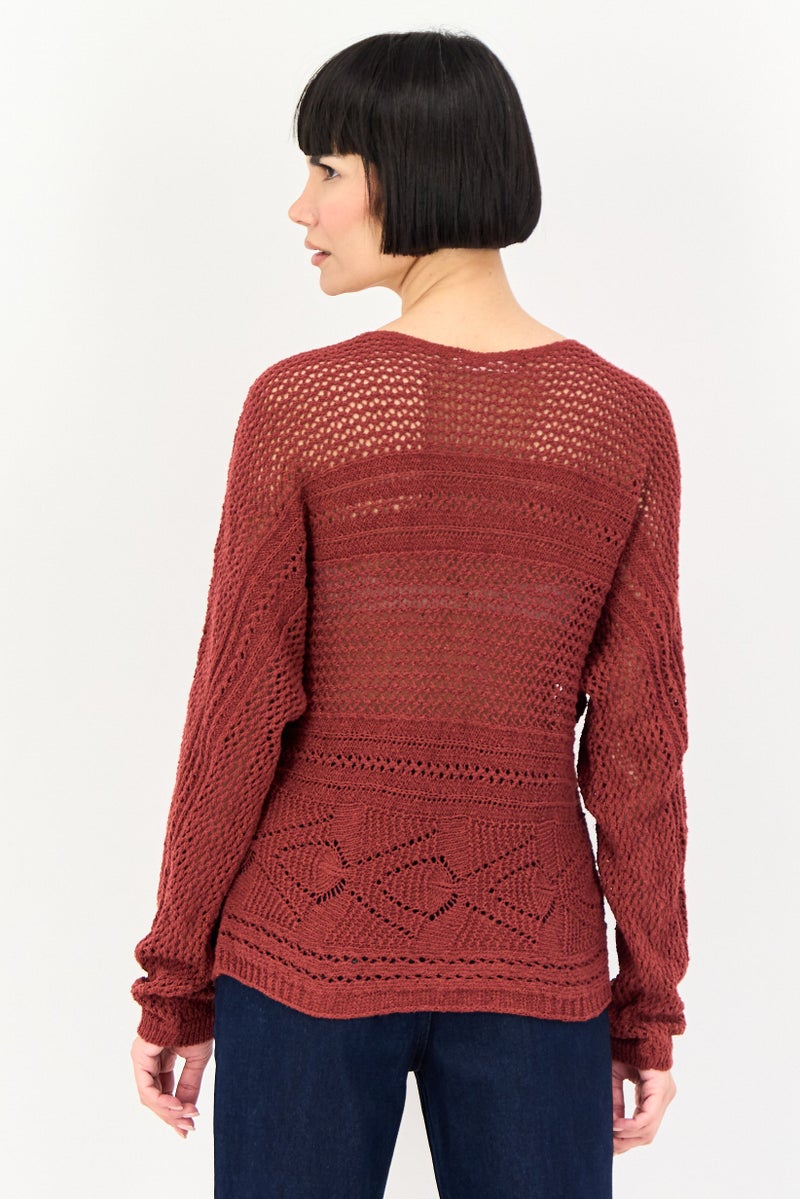 promod Women Boat Neck Eyelet Sweater, Maroon - Image 2