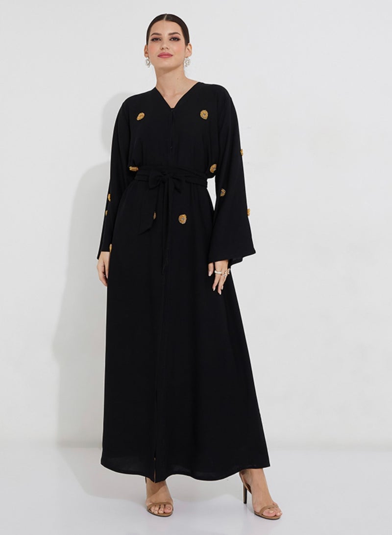 Rosette Abaya Embroidered Gold Flowers Abaya with wide sleeves  - Image 1