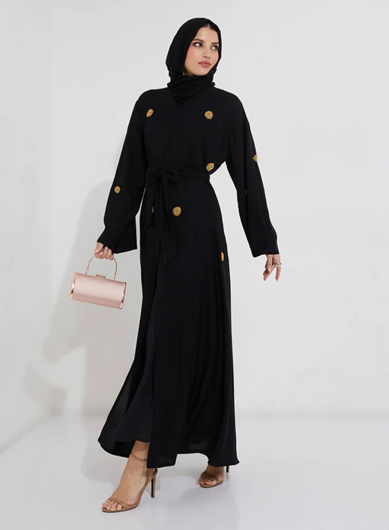 Rosette Abaya Embroidered Gold Flowers Abaya with wide sleeves