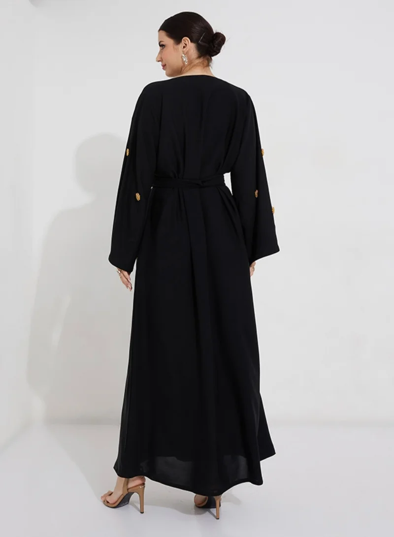 Rosette Abaya Embroidered Gold Flowers Abaya with wide sleeves