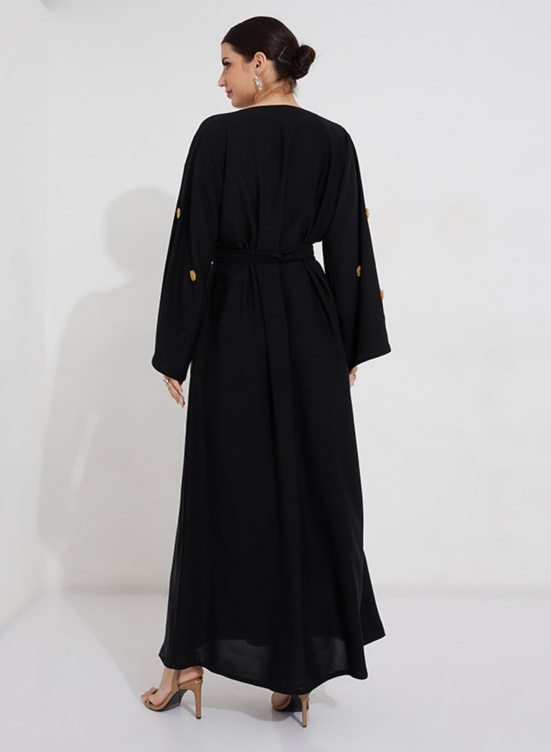 Rosette Abaya Embroidered Gold Flowers Abaya with wide sleeves  - Image 3