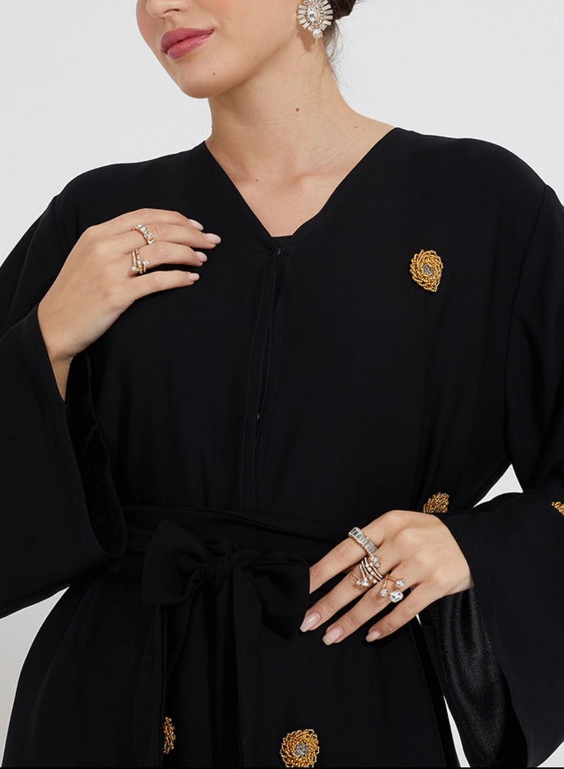 Rosette Abaya Embroidered Gold Flowers Abaya with wide sleeves  - Image 2