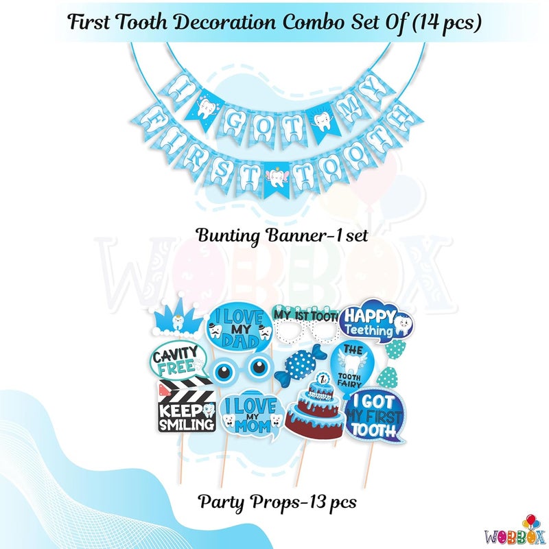 Wobbox First Tooth Photo Booth Party Props (13 Pcs) with I Got My 1st Tooth Check Pattern Bunting Banner, Blue Colour Stylish Font, First Tooth Decoration, First Tooth Decoration Items for Baby - Image 2