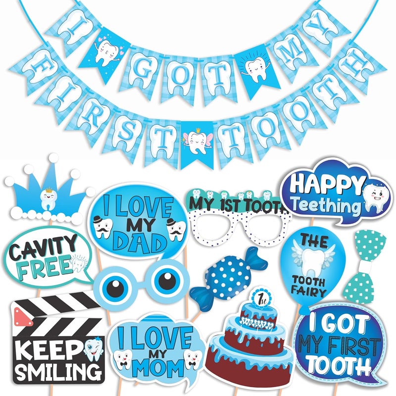 Wobbox First Tooth Photo Booth Party Props (13 Pcs) with I Got My 1st Tooth Check Pattern Bunting Banner, Blue Colour Stylish Font, First Tooth Decoration, First Tooth Decoration Items for Baby - Image 1