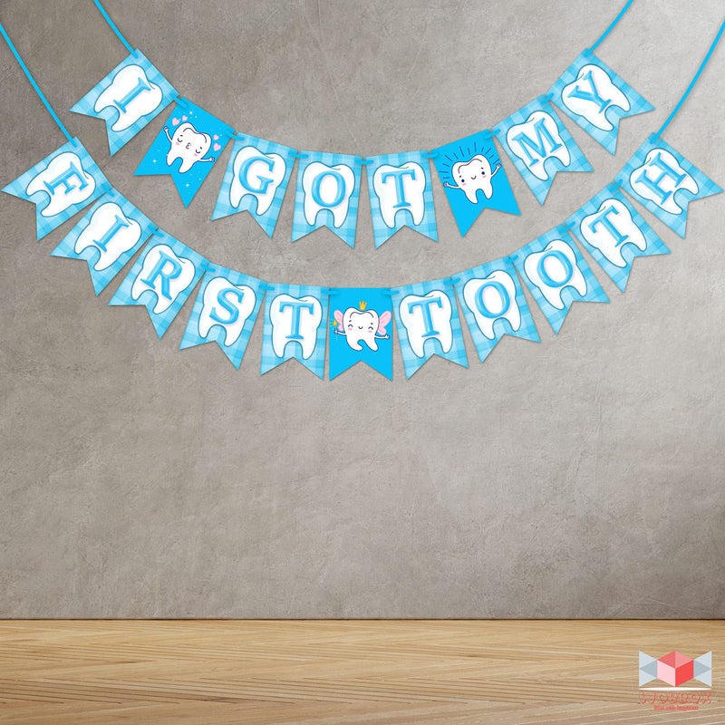 Wobbox First Tooth Photo Booth Party Props (13 Pcs) with I Got My 1st Tooth Check Pattern Bunting Banner, Blue Colour Stylish Font, First Tooth Decoration, First Tooth Decoration Items for Baby - Image 4