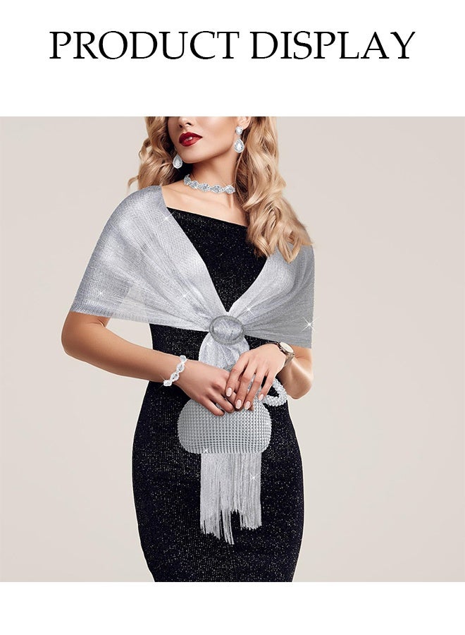 DUNISO 5 Piece Clutch Bag Rhinestone Jewelry Set, Sparkling Rhinestone Necklace Earrings Bracelet Silver Wire Tassel Shawl Cape Evening Bag Set for Women Dinner Date Wedding, Silver - Image 5